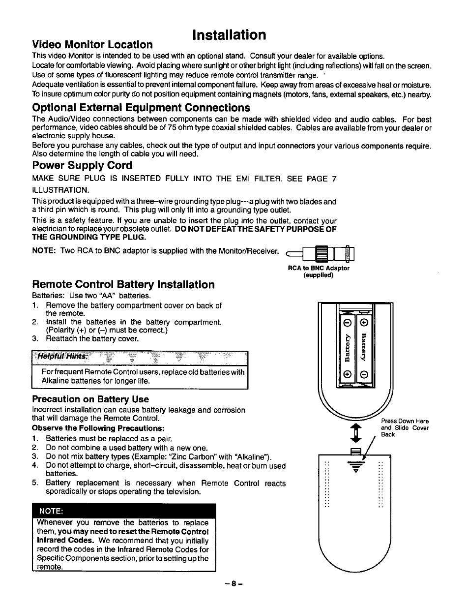Installation, Vídeo monitor location, Optional external equipment connections | Power supply cord, Remote control battery installation, Ac power supply cord | Panasonic CT-3696VY-1 User Manual | Page 8 / 52