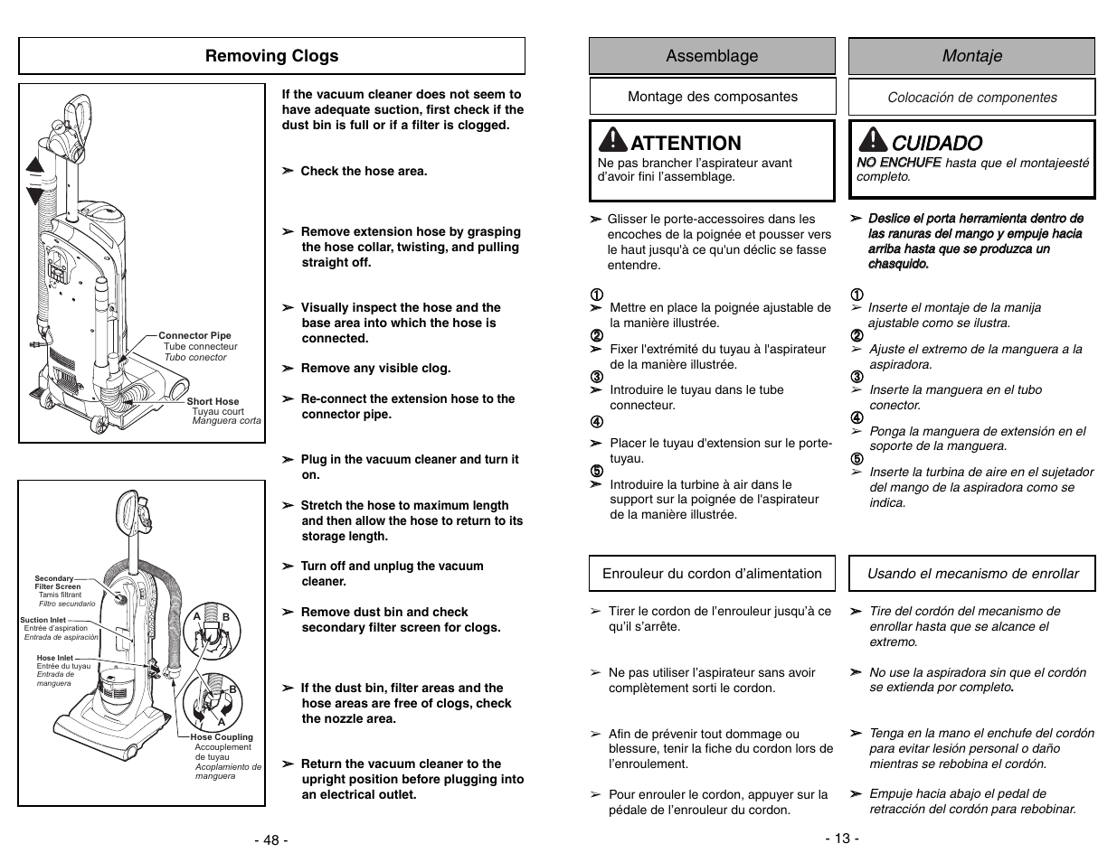 Assemblage, Montage des composantes, Enrouleur du cordon d’alimentation | Montaje, Colocación de componentes, Usando el mecanismo de enrollar, Ccu uiid da ad do o, Attention | Panasonic MC-UL671 User Manual | Page 13 / 60