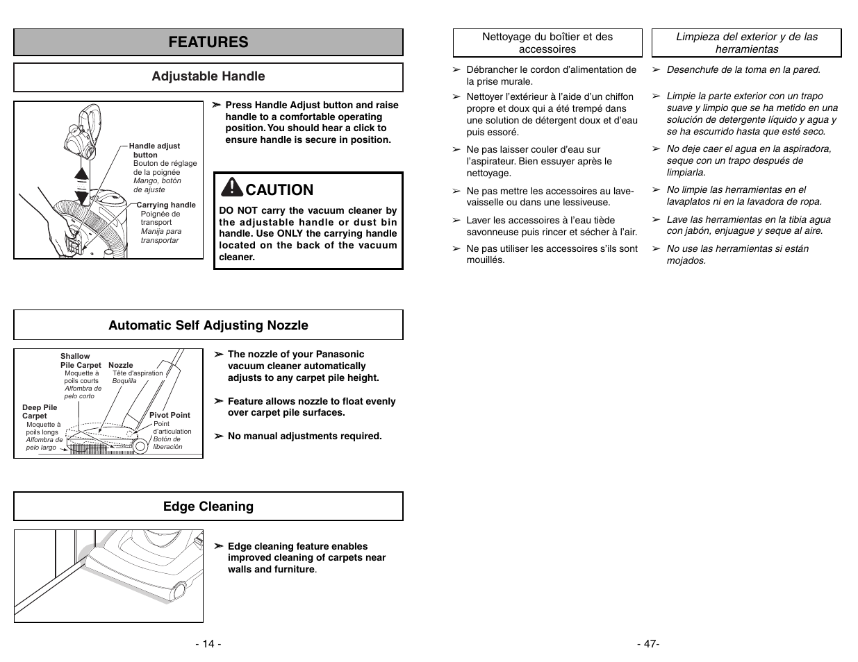 Features, Adjustable handle, Automatic self adjusting nozzle | Edge cleaning, Caution | Panasonic MC-UL671 User Manual | Page 14 / 60