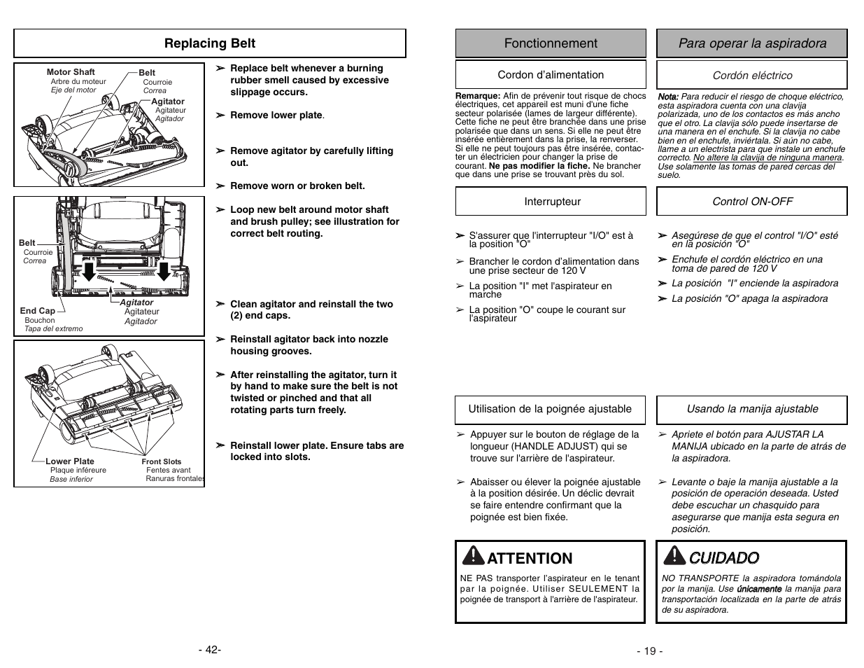Fonctionnement, Cordon d’alimentation, Interrupteur | Utilisation de la poignée ajustable, Para operar la aspiradora, Cordón eléctrico, Control on / off, Usando la manija ajustable, Ccu uiid da ad do o, Attention | Panasonic MC-UL671 User Manual | Page 19 / 60