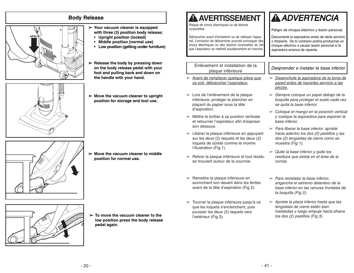 Body release, Aad dv ve er rt te en nc ciia a, Avertissement | Panasonic MC-UL671 User Manual | Page 20 / 60