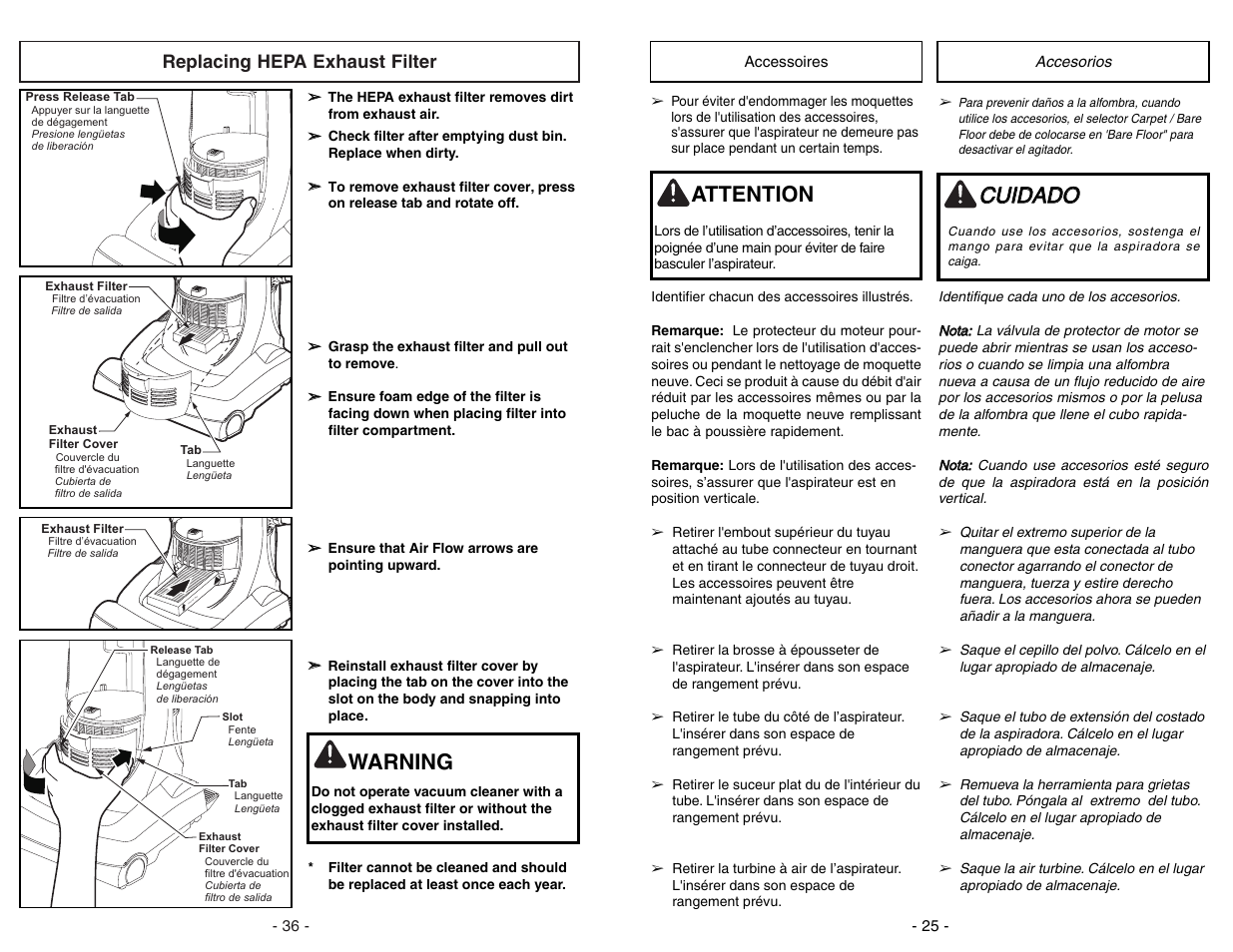 Accessoires, Accesorios, Ccu uiid da ad do o | Warning, Attention, Replacing hepa exhaust filter, Air flo w | Panasonic MC-UL671 User Manual | Page 25 / 60