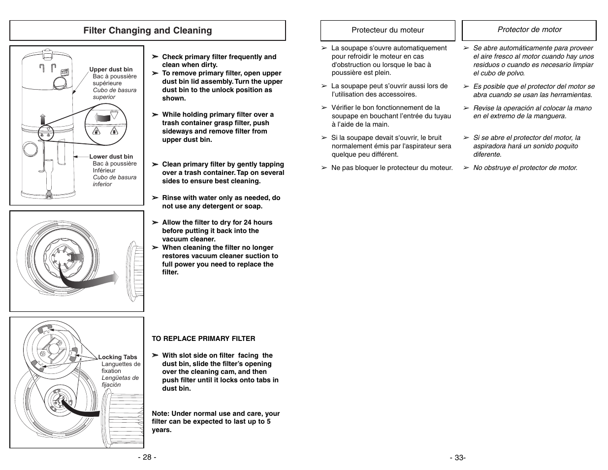 Filter changing and cleaning | Panasonic MC-UL671 User Manual | Page 28 / 60