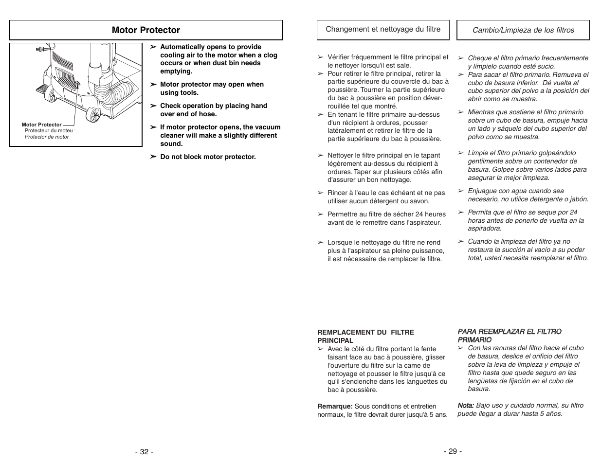 Changement etnettoyage du filtre, Cambio/limpieza delos filtros | Panasonic MC-UL671 User Manual | Page 29 / 60
