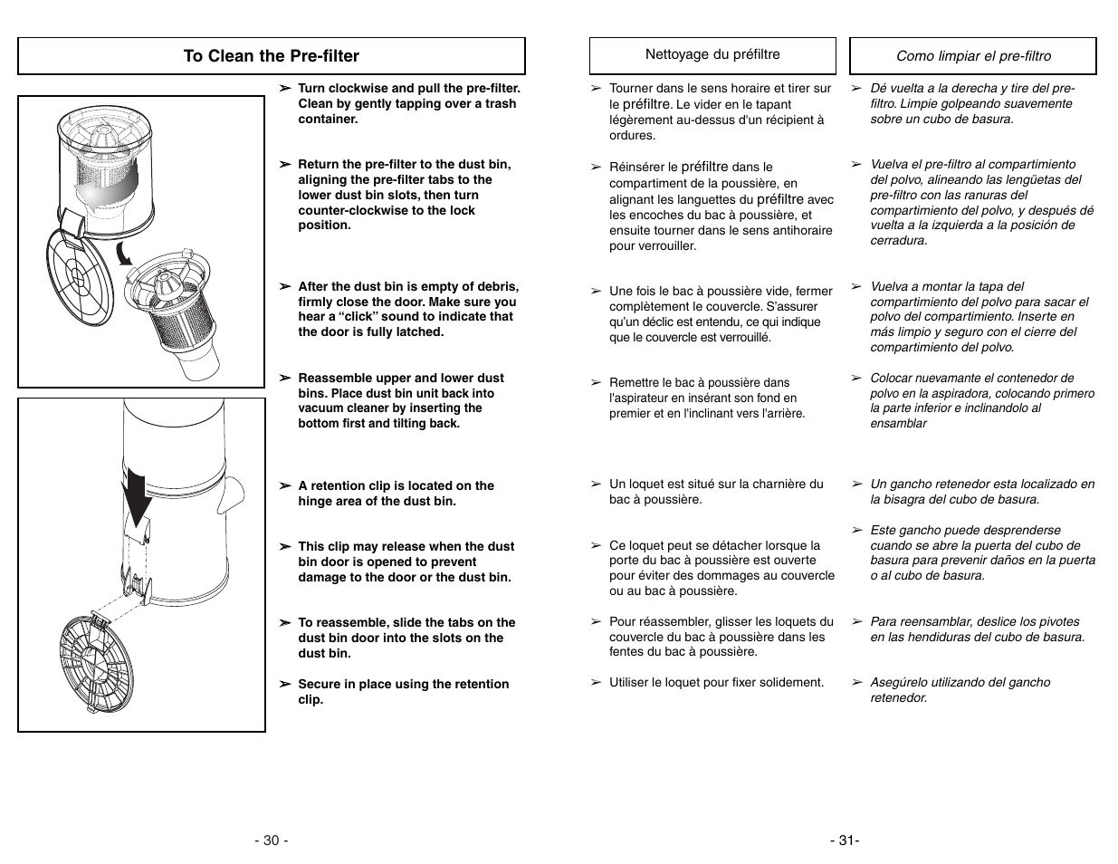 Nettoyage du préfiltre, Como limpiar el pre-filtro | Panasonic MC-UL671 User Manual | Page 31 / 60