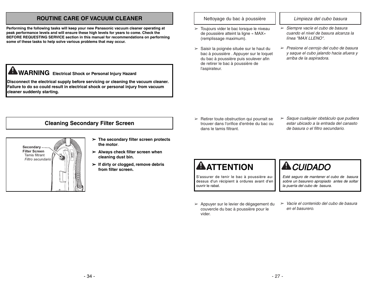 Routine care of vacuum cleaner, Cleaning secondary filter screen, Ccu uiid da ad do o | Attention, Warning | Panasonic MC-UL671 User Manual | Page 34 / 60