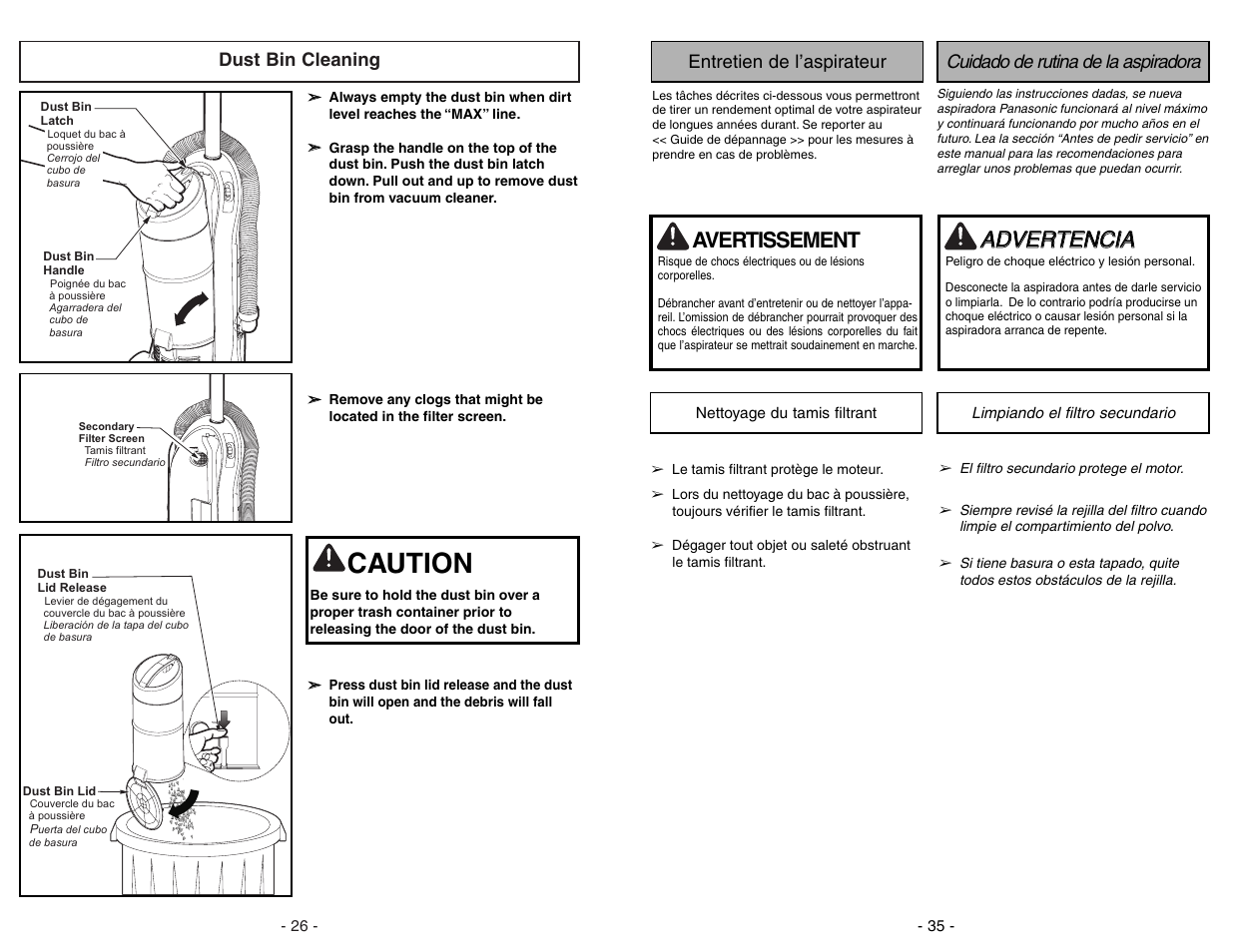 Entretien de l’aspirateur, Nettoyage du tamis filtrant, Cuidado de rutina de la aspiradora | Limpiando el filtro secundario, Caution, Aad dv ve er rt te en nc ciia a, Avertissement | Panasonic MC-UL671 User Manual | Page 35 / 60
