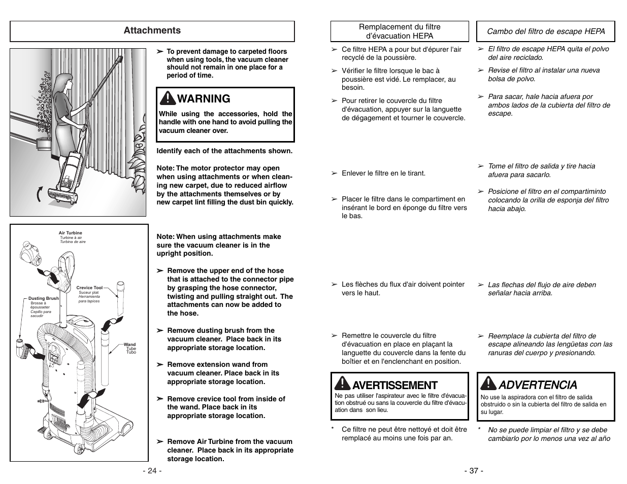 Replacement du filtred’évacuation hepa, Cambo del filtros deescape hepa, Aad dv ve er rt te en nc ciia a | Avertissement, Warning, Attachments | Panasonic MC-UL671 User Manual | Page 37 / 60