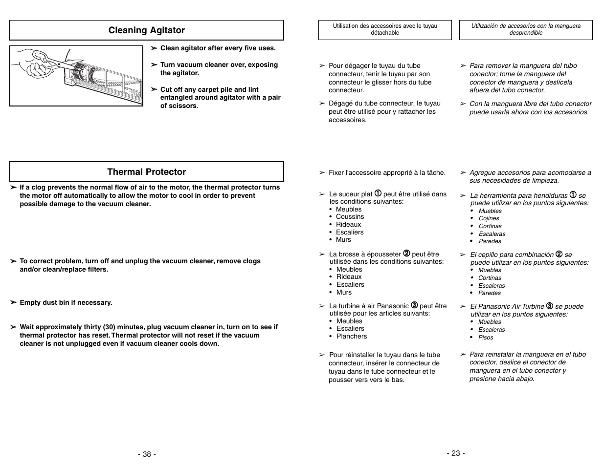 Cleaning agitator, Thermal protector | Panasonic MC-UL671 User Manual | Page 38 / 60