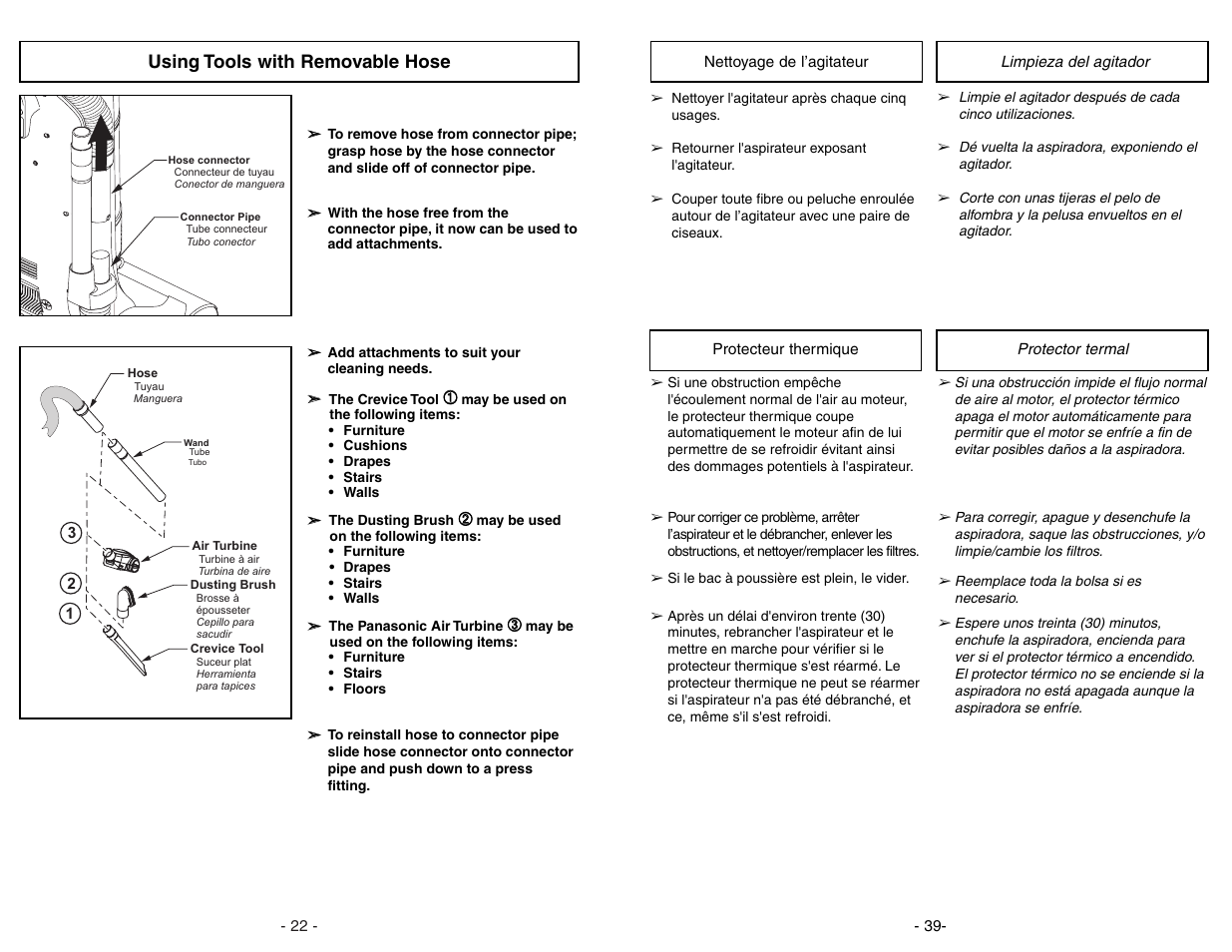 Nettoyage de l’agitateur, Protecteur thermique, Limpieza del agitador | Protector termal, Using tools with removable hose | Panasonic MC-UL671 User Manual | Page 39 / 60