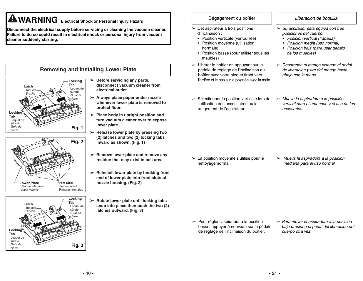 Removing and installing lower plate, Warning | Panasonic MC-UL671 User Manual | Page 40 / 60