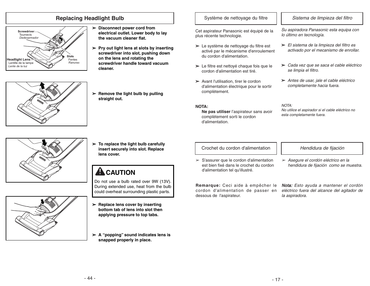 Replacing headlight bulb, Caution | Panasonic MC-UL671 User Manual | Page 44 / 60