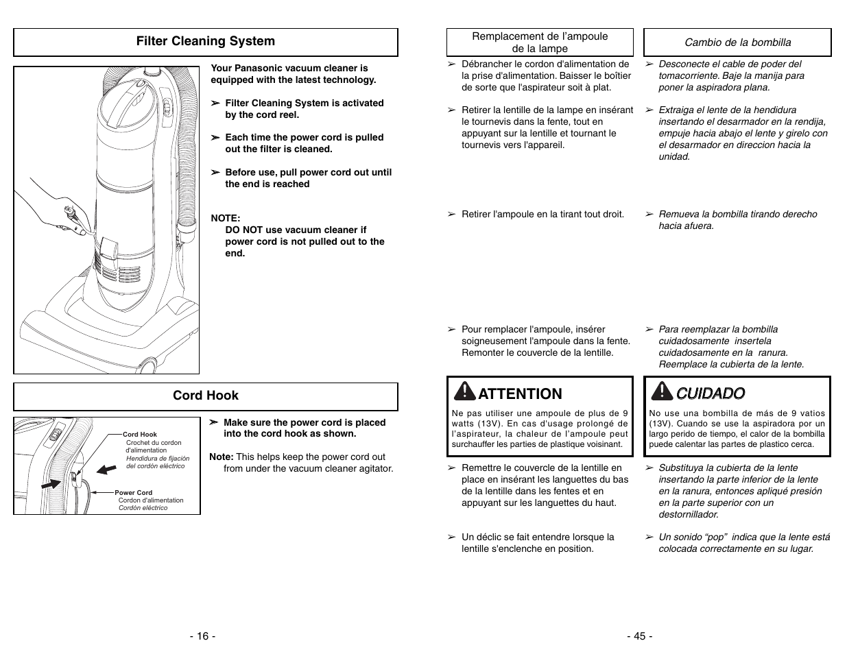 Remplacement de l’ampoule de la lampe, Cambio de la bombilla, Ccu uiid da ad do o | Attention | Panasonic MC-UL671 User Manual | Page 45 / 60