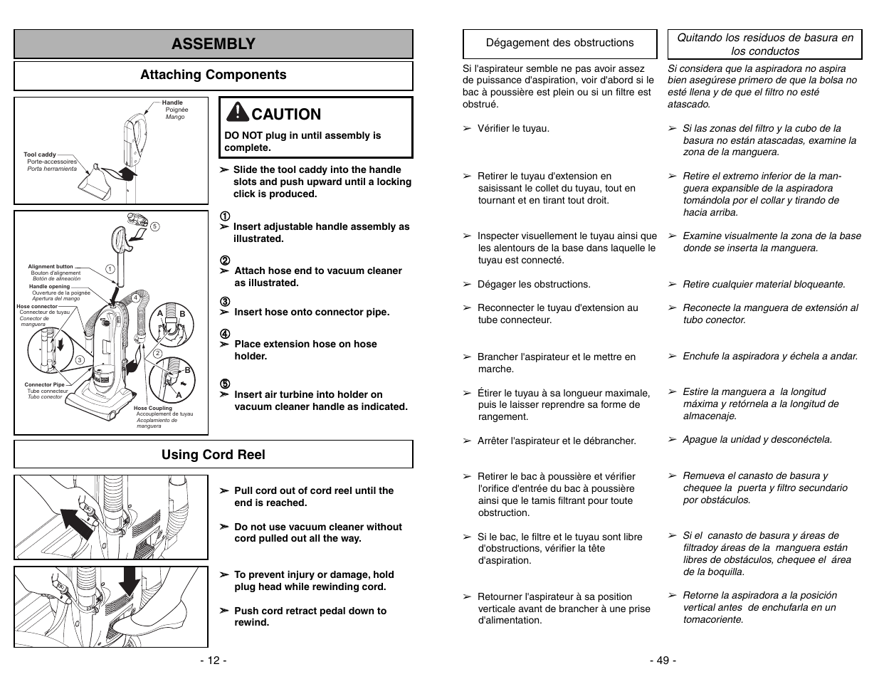Dégagement desobstructions, Quitando los residuos de basuraen los conductos, Assembly | Caution, Attaching components, Using cord reel | Panasonic MC-UL671 User Manual | Page 49 / 60