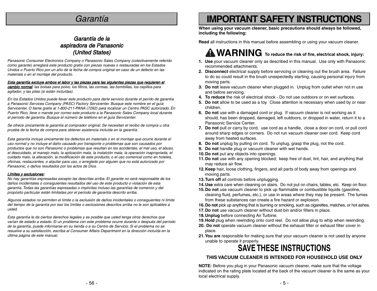 Important safetyinstructions, Important safety instructions, Warning | Save these instructions, Garantía | Panasonic MC-UL671 User Manual | Page 5 / 60
