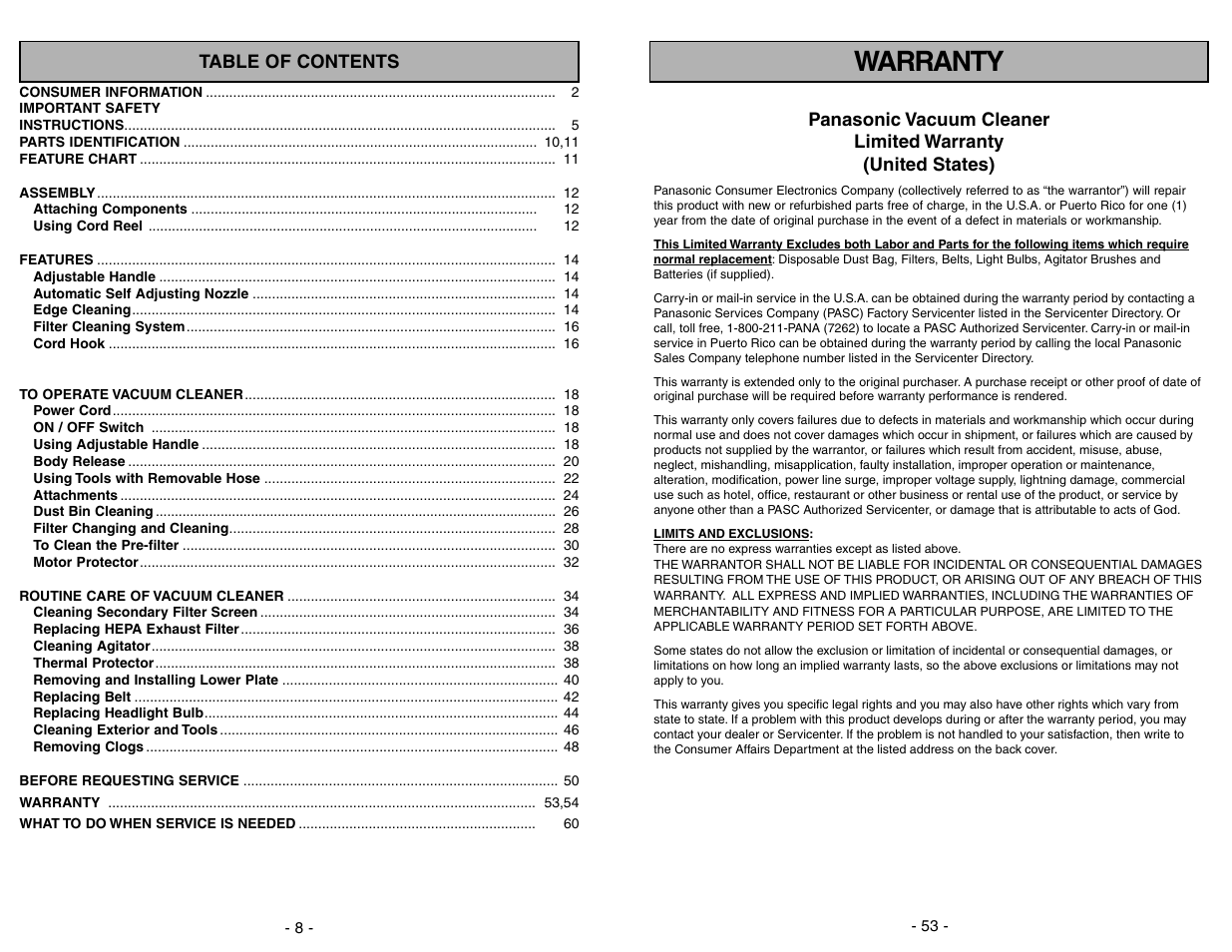 Warranty | Panasonic MC-UL671 User Manual | Page 53 / 60