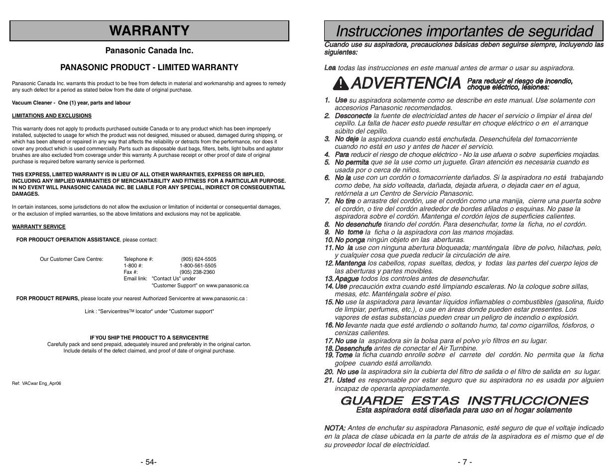 Aad dv ve er rt te en nc ciia a, Instrucciones importantes de seguridad, Warranty | Panasonic MC-UL671 User Manual | Page 54 / 60