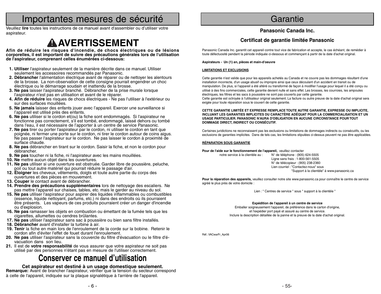 Garantie, Importantes mesures de sécurité, Avertissement | Conserver ce manuel d’utilisation | Panasonic MC-UL671 User Manual | Page 55 / 60
