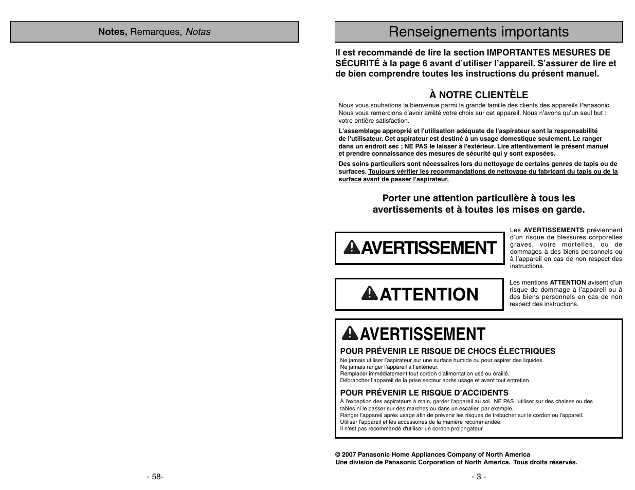 Avertissement, Attention, Renseignements importants | Panasonic MC-UL671 User Manual | Page 58 / 60