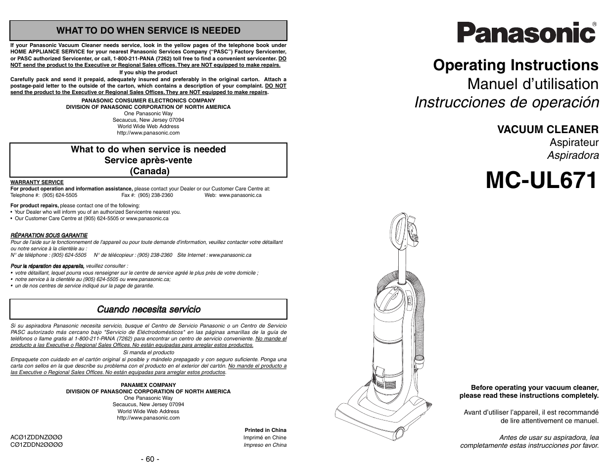 What to do when service is needed, Service après-vente, Cuando necesita servicio | Mc-ul671, Aspiradora, Vacuum cleaner aspirateur | Panasonic MC-UL671 User Manual | Page 60 / 60