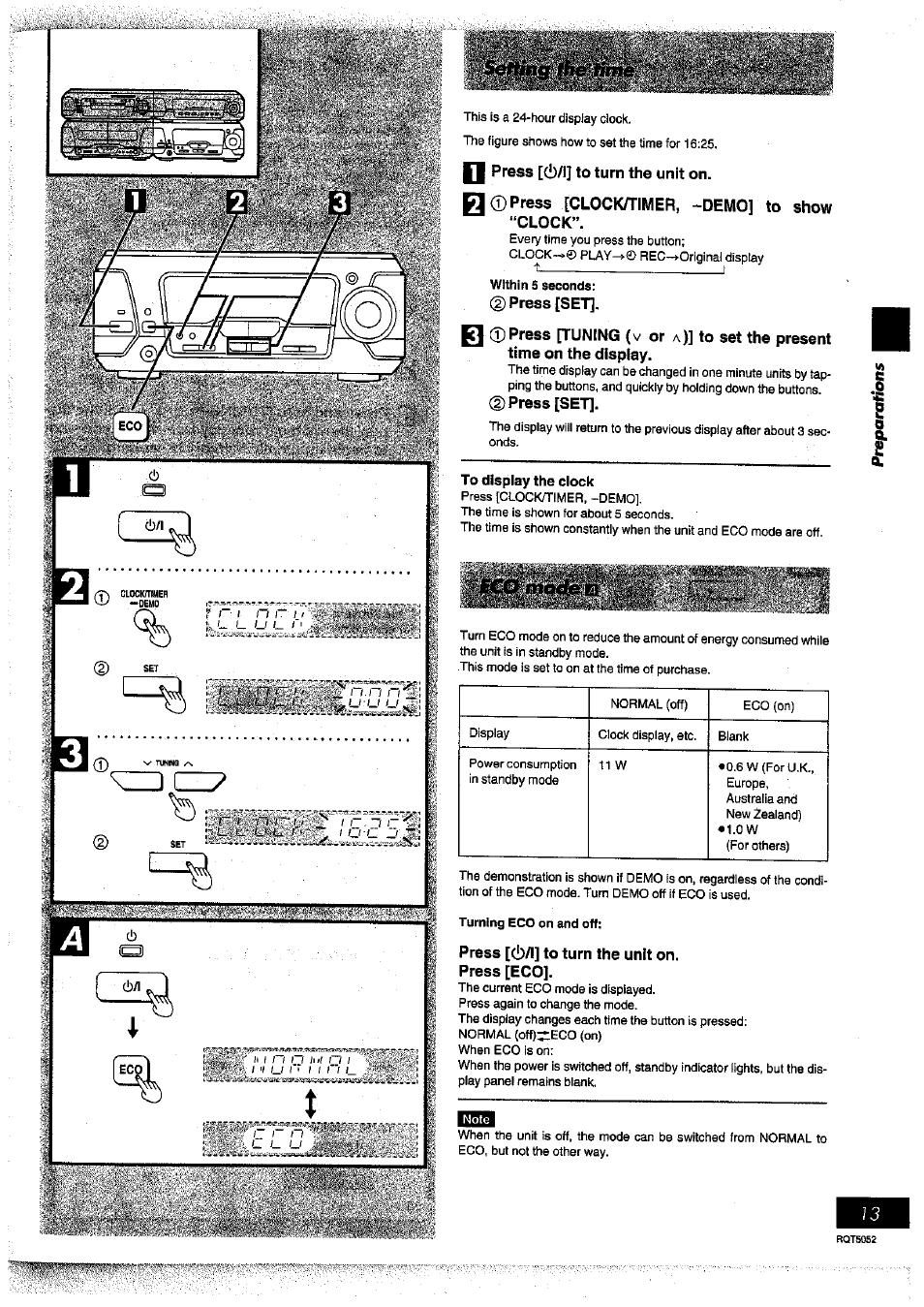 N press [(!)/)] to turn the unit on, Ra ©press [clockh-imer, -demo] to show “clock, Within 5 seconds | Press [set, To display the clock, Turning eco on and off, Press [(!)/!] to turn the unit on, Press [eco | Panasonic SC-DV150 User Manual | Page 12 / 63