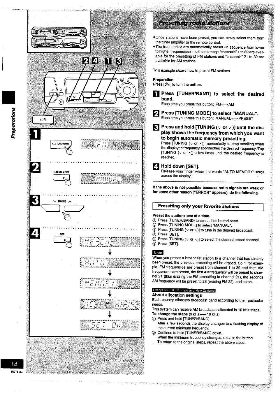 Press [tuner/band] to select the desired band, Hold down [set, Preset the stations one at a time | About allocation settings, Press [tuning mode] to select “manual, Press and hold [tuning, Presetting only your fovorite stohons | Panasonic SC-DV150 User Manual | Page 13 / 63