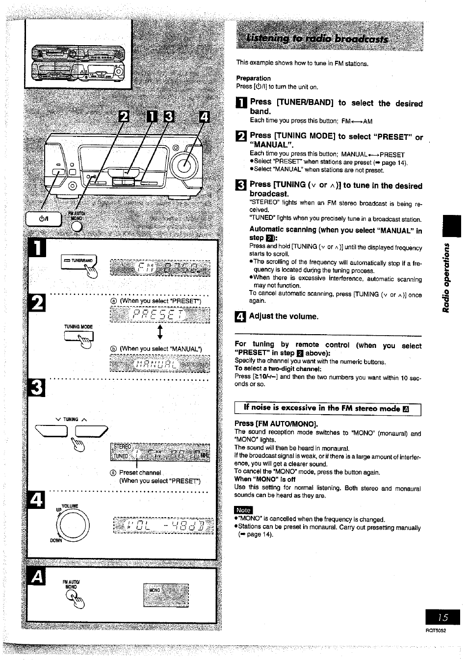 Preparation, Press [tuner/band] to select the desired band, Press [tuning mode] to select “preset” or “manual | Q adjust the volume, Press [fm auto/mono | Panasonic SC-DV150 User Manual | Page 14 / 63