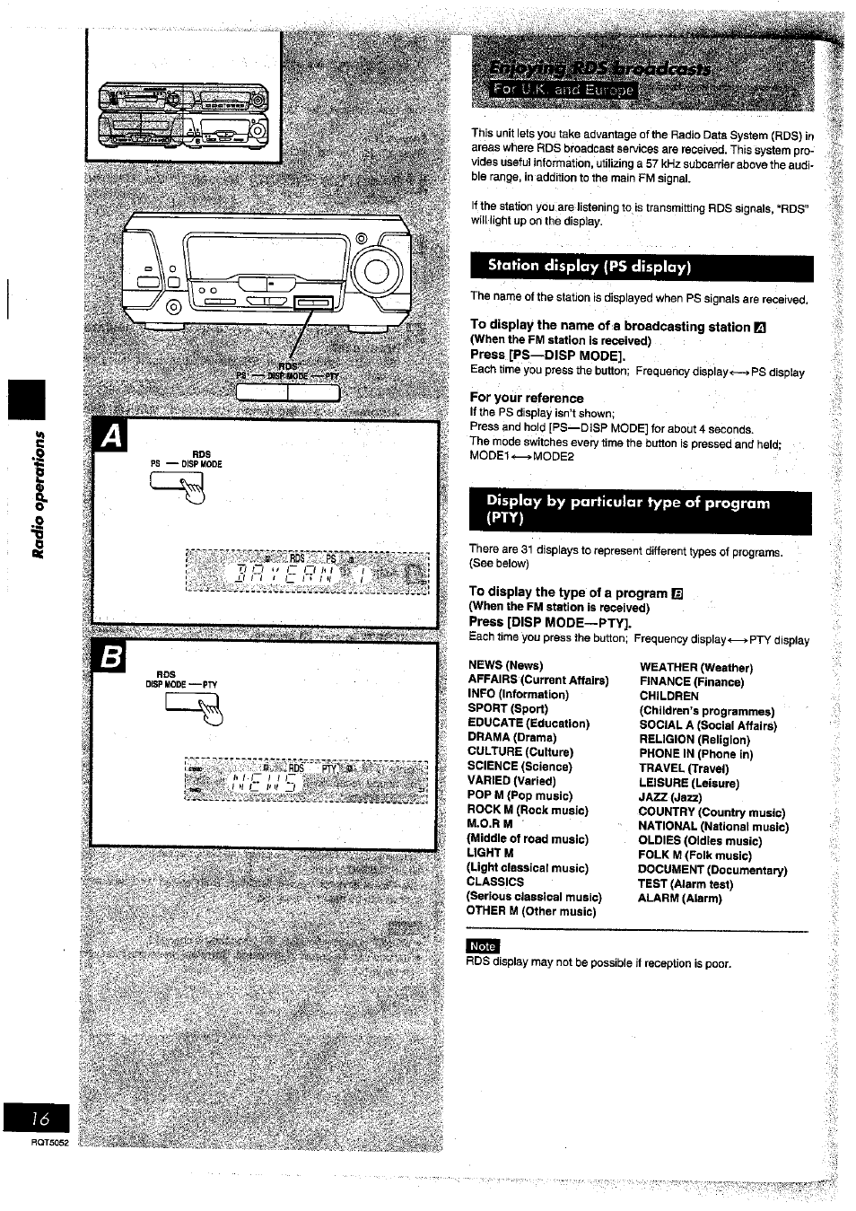 Station display (ps display), To display the name of a broadcasting station el, Press [ps—disp mode | For your reference, Display by particular type of program (pty), To display the type of a program, Press [disp mode—pty | Panasonic SC-DV150 User Manual | Page 15 / 63