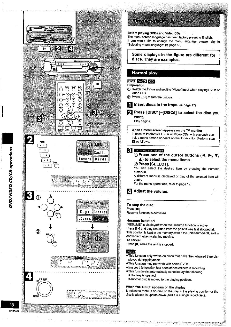 Before playing dvds and video cds, Normai play, V-cd | Preparation, Press [select, Q adjust the volume, To stop the disc, Resume function, When “no disc” appears on the display | Panasonic SC-DV150 User Manual | Page 17 / 63