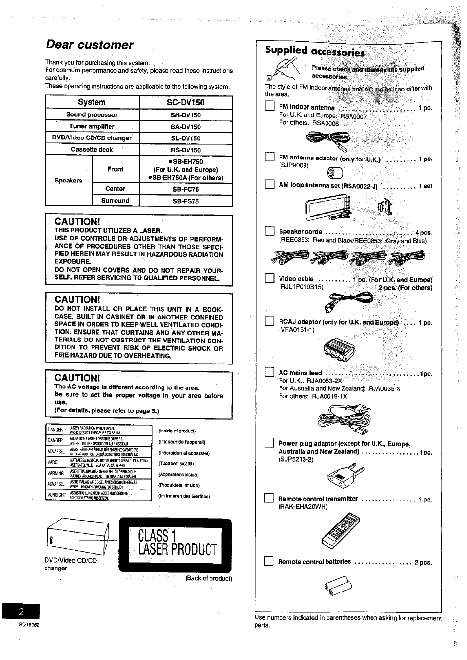 I i fm indoor antenna :., pc, Dear customer, Caution | Stippmed accessories | Panasonic SC-DV150 User Manual | Page 2 / 63