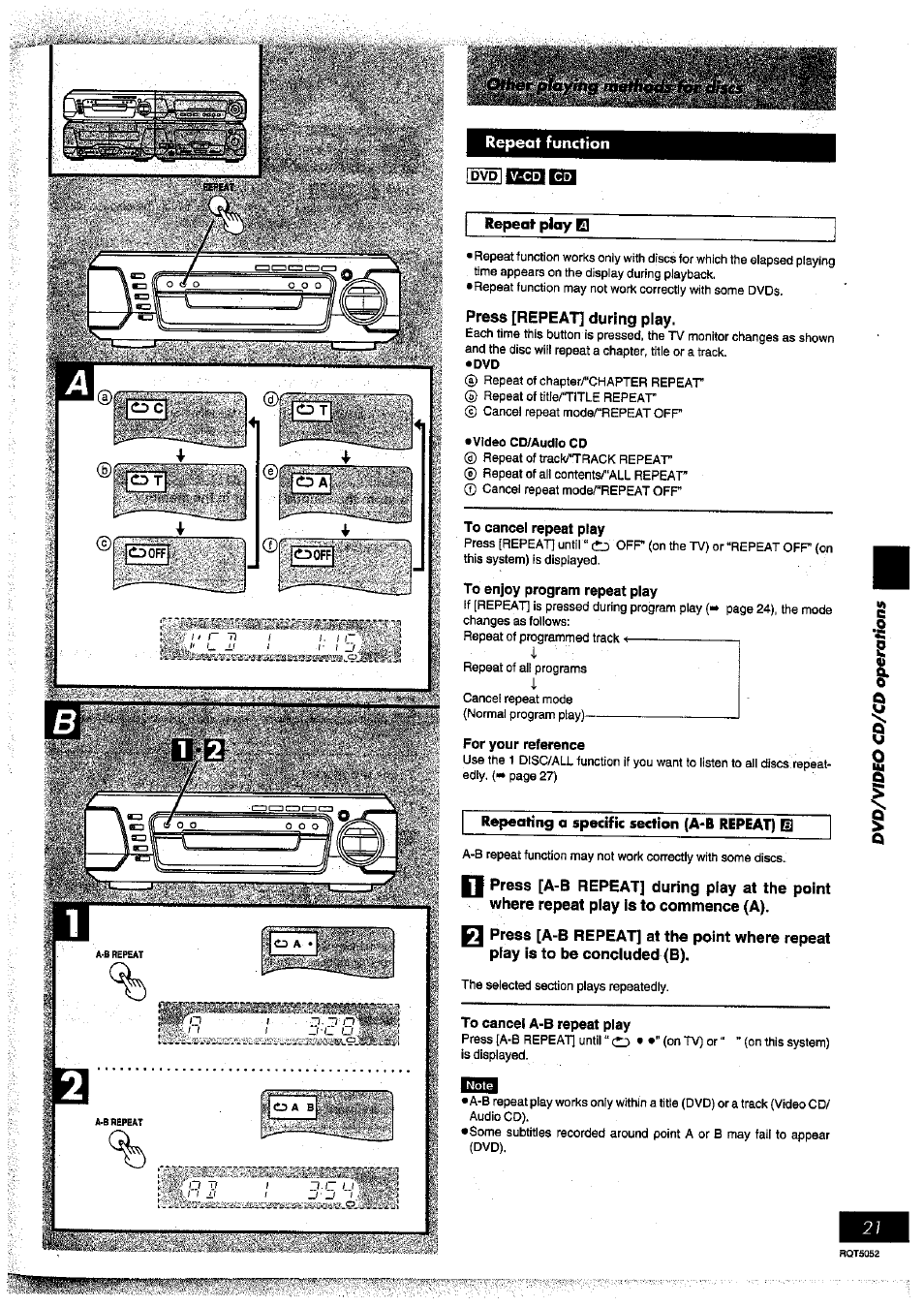 Repeat function, Press [repeat] during play, Video cd/audio cd | To cancel repeat play, To enjoy program repeat play, For your reference, To cancel a-b repeat play | Panasonic SC-DV150 User Manual | Page 20 / 63