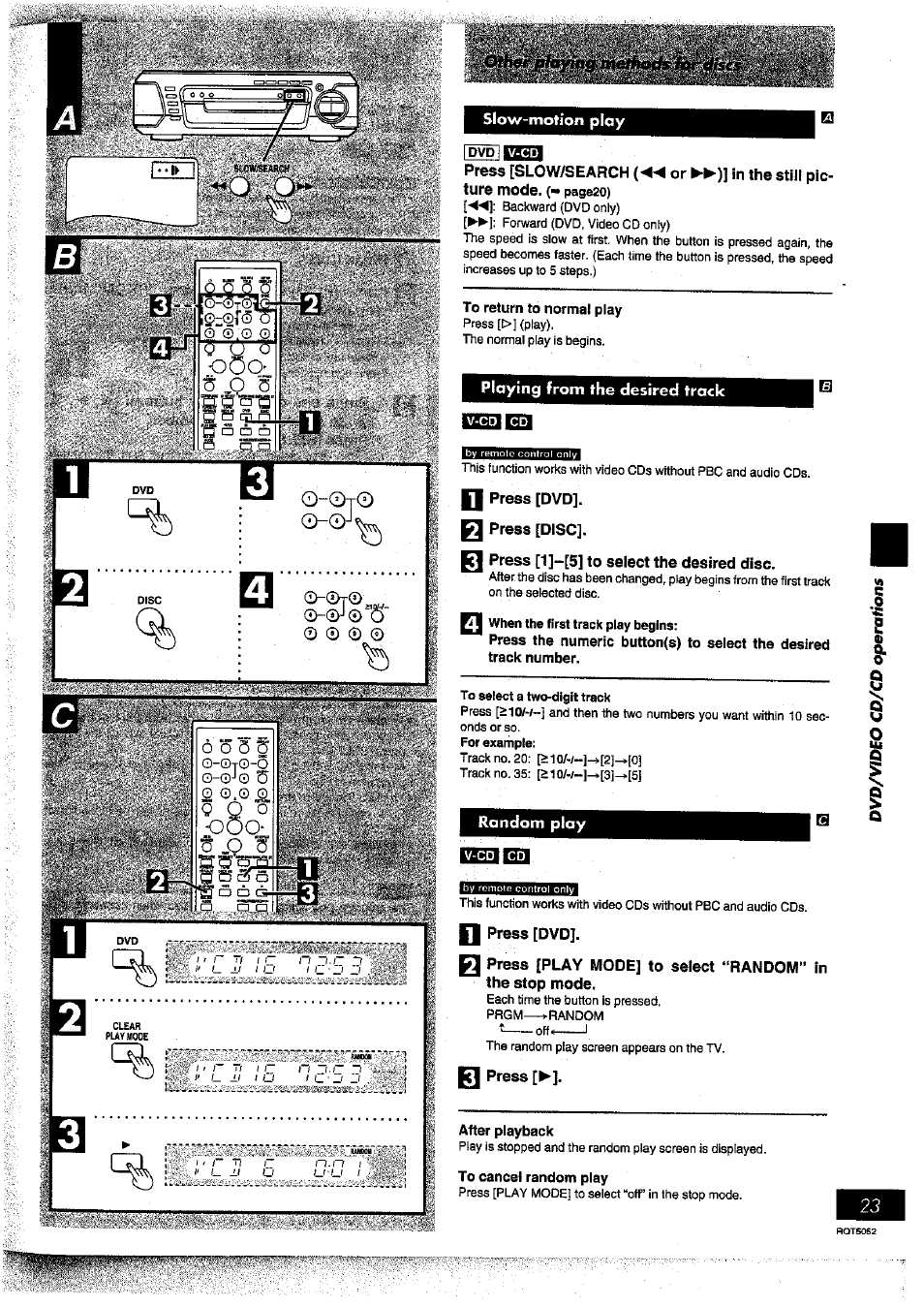 Slow-motion play, Playing from the desired track, Q33eh3 | Press [dvd, Q press [disc, Pel press [1]-[5] to select the desired disc, I ■ when the first track play begins, To select a two-digit track, Random play, Q press | Panasonic SC-DV150 User Manual | Page 22 / 63