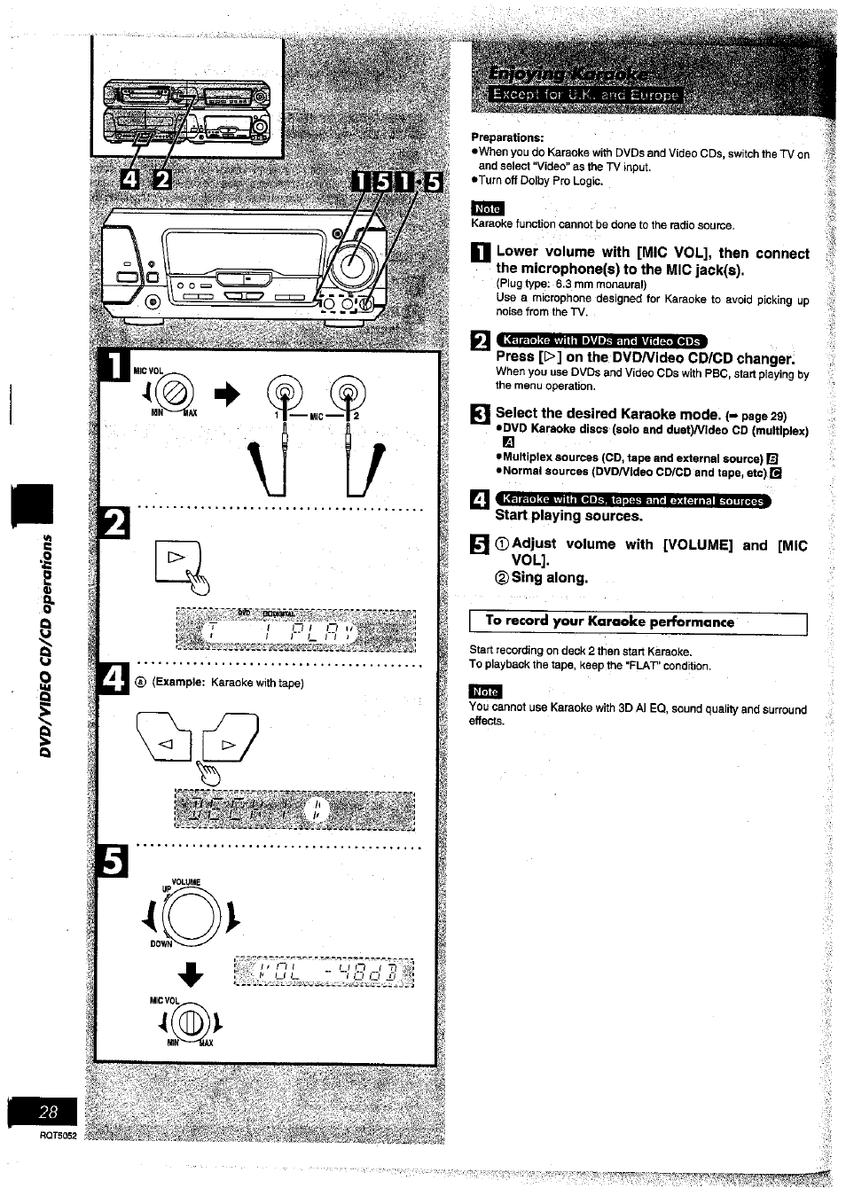 Press [l>] on the dvda/ideo cd/cd changer, Start playing sources, Adjust volume with [volume] and [mic vol | 2) sing along | Panasonic SC-DV150 User Manual | Page 27 / 63