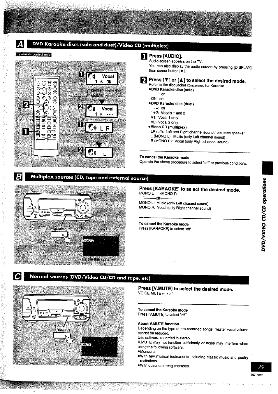 Press [audio, Press [▼] or [à] to select the desired mode, Multiplex sources (cd^ tape and external source) | Press [karaoke] to select the desired mode, Cl normal sources (dvd/video cd/cd and tape, etc), Press [v.mute] to select the desired mode | Panasonic SC-DV150 User Manual | Page 28 / 63