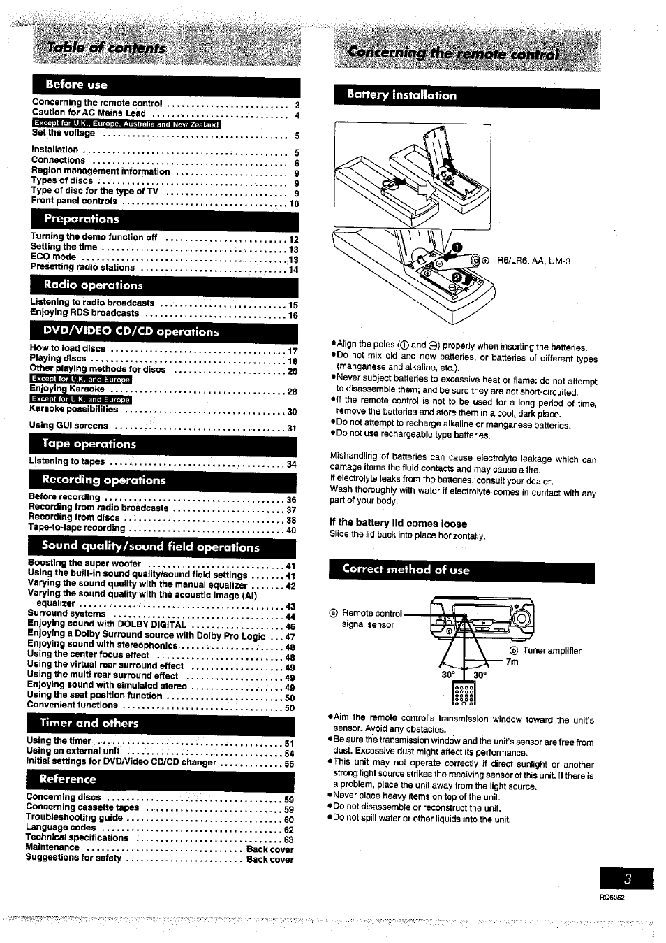 Before use, Battery installation, If the battery lid comes loose | Correct method of use | Panasonic SC-DV150 User Manual | Page 3 / 63