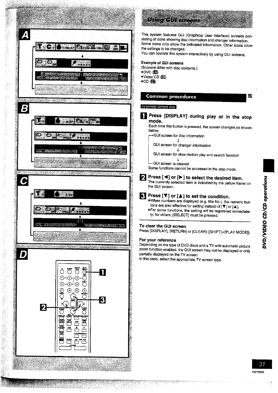 Common procedures, Press [display] during play or in the stop mode, Press [<] or [^] to select the desired item | Press [t] or [a] to set the condition, To clear the gui screen, For your reference, О о о, 7 ' --u, Sf ^ q, S ° g □ a a | Panasonic SC-DV150 User Manual | Page 30 / 63