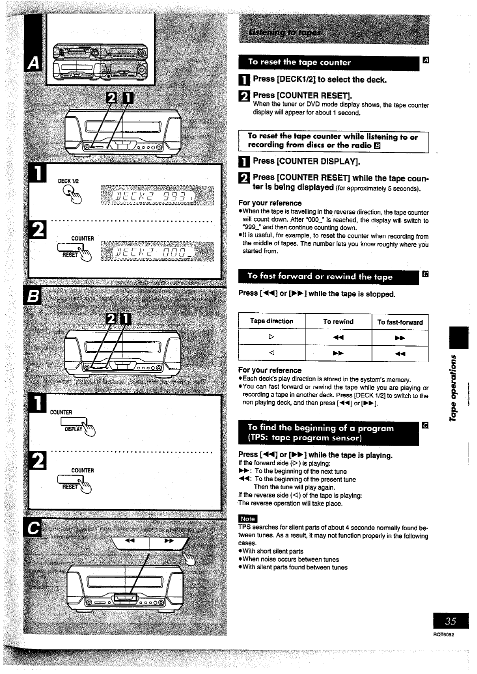 Press [deck1/2] to select the deck, Press [counter reset, Q press [counter display | For your reference, Press [<4] or [^^] while the tape is stopped, Press [<4] or [p-^] while the tape is playing | Panasonic SC-DV150 User Manual | Page 34 / 63