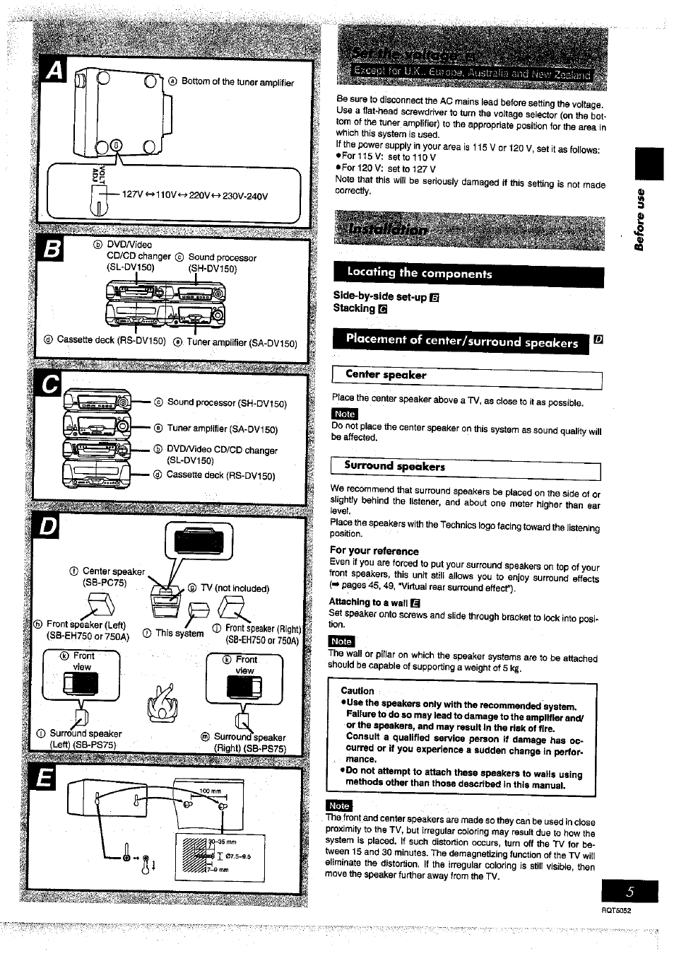 Locating the components, Side-by-side set-up m stacking q, Placement of center/surround speakers | Center speaker, Surround speakers, For your reference, Caution | Panasonic SC-DV150 User Manual | Page 4 / 63