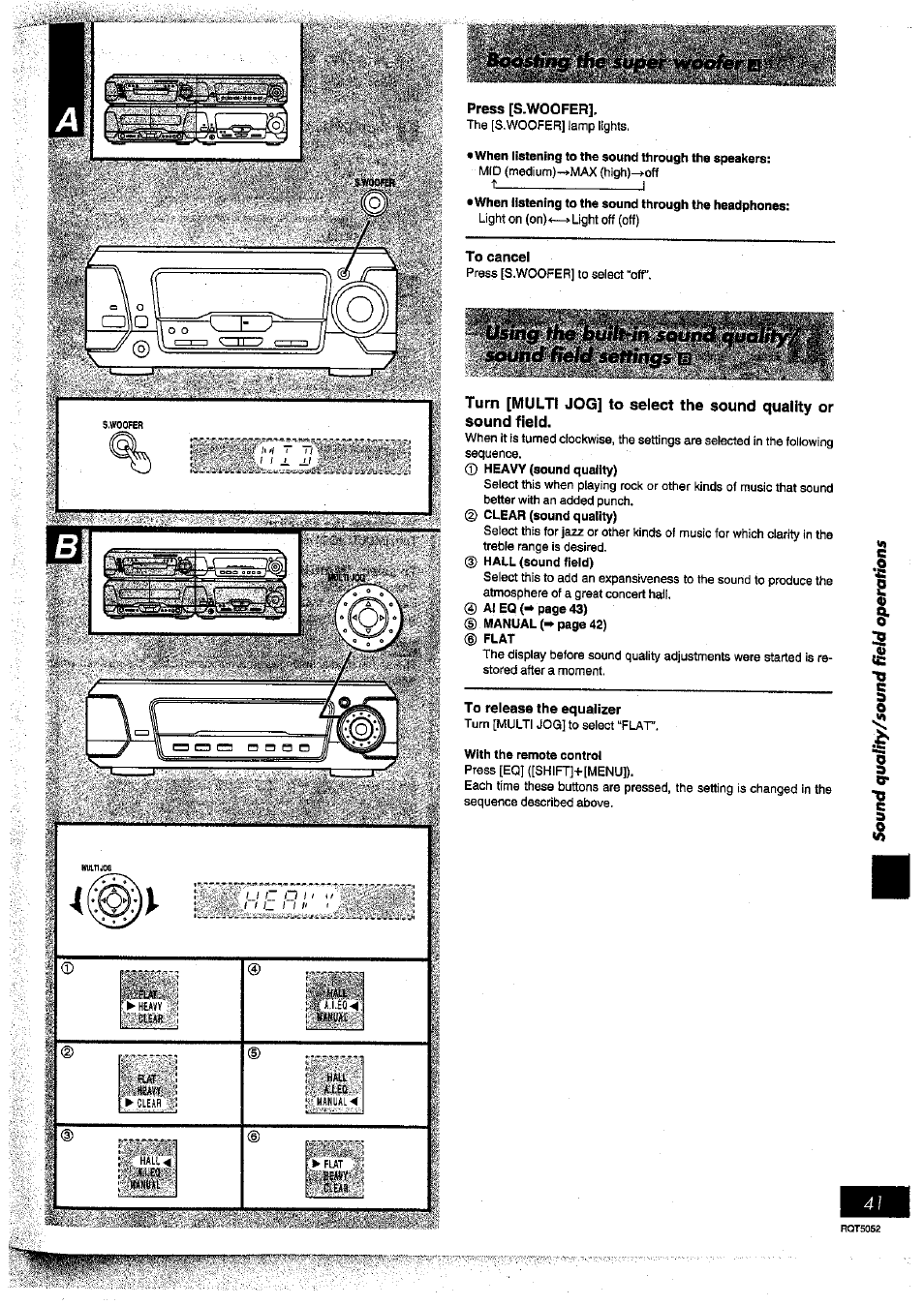 Press [s.woofer, When listening to the sound through the speakers, When listening to the sound through the headphones | To cancel, Flat, To release the equalizer, With the remote control, Concerning the remote control, Iigi^ll^iiiagii | Panasonic SC-DV150 User Manual | Page 40 / 63