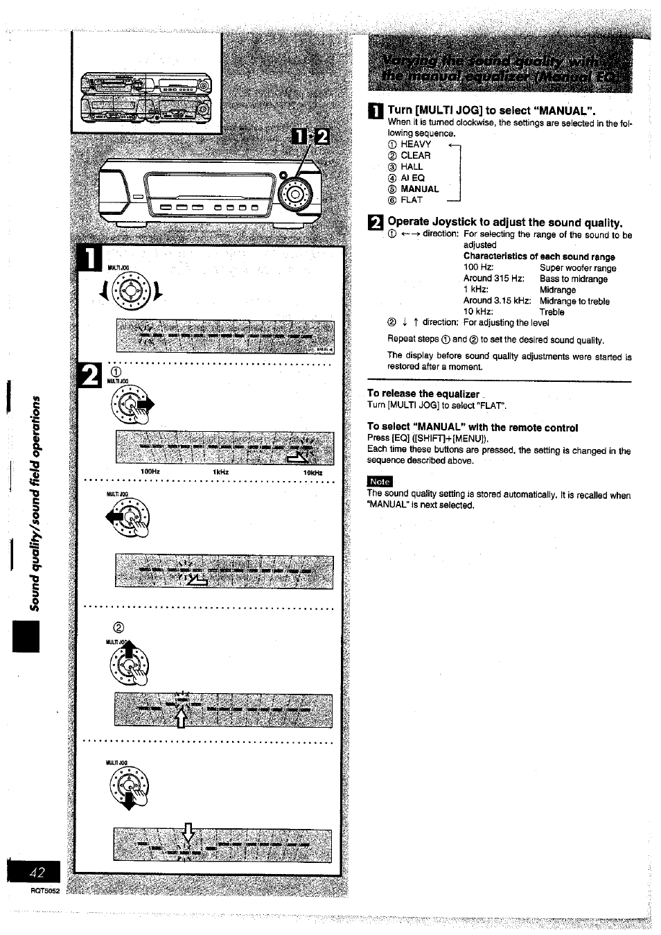 Turn [multi jog] to select “manual, Operate joystick to adjust the sound quality, To release the equalizer | To select “manual” with the remote control | Panasonic SC-DV150 User Manual | Page 41 / 63