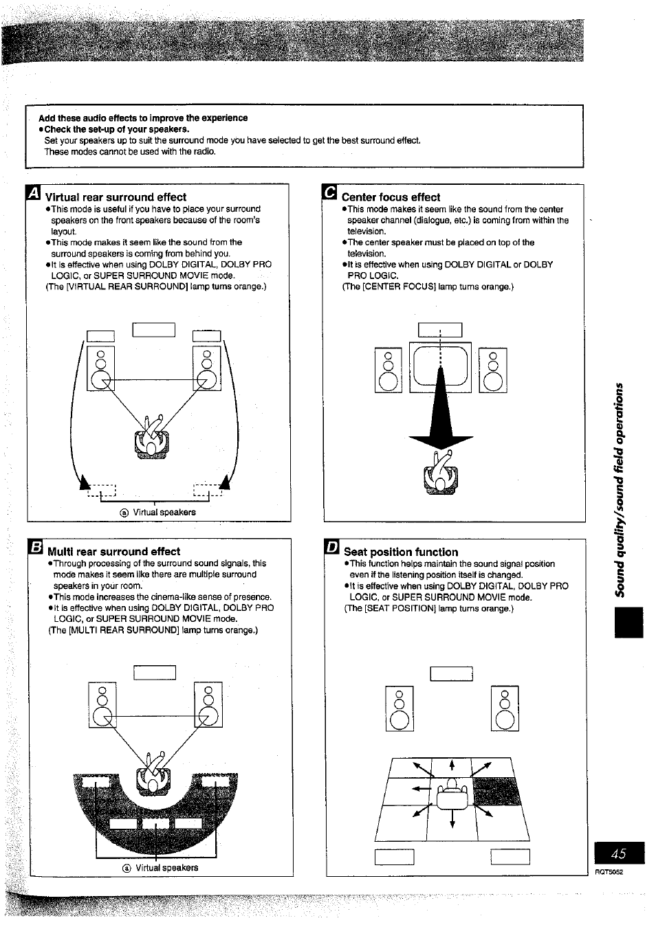 Virtual rear surround effect, Center focus effect, Multi rear surround effect | Seat position function, Using the seat position function | Panasonic SC-DV150 User Manual | Page 44 / 63