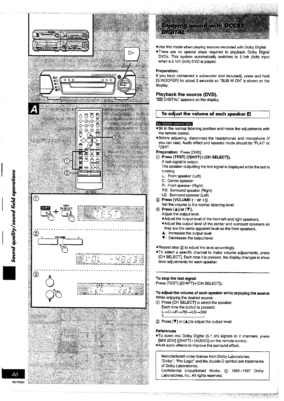 09 . cisct, Preparation, Playback the source (dvd) | To adjust the volume of each speaker el, To stop the test signal, References, Ÿ’kjâsjmm, 3^sm.rn, 0 ©.© o, Islllï | Panasonic SC-DV150 User Manual | Page 45 / 63