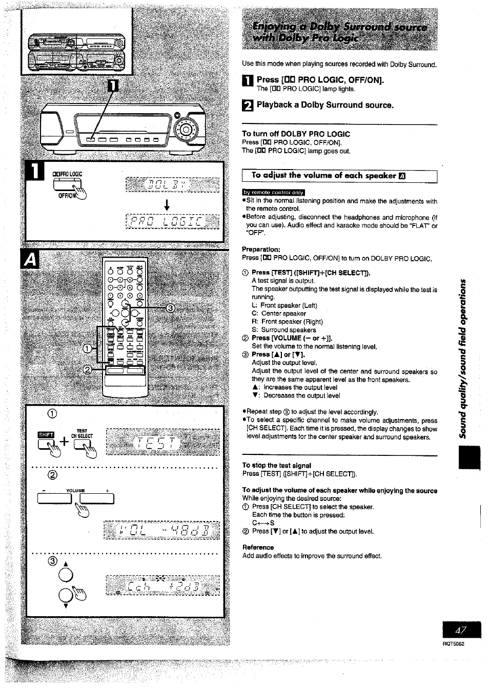 Oofe, Press [□□ pro logic, off/on, Playback a dolby surround source | Preparation, Press jtest] ([shift]+[ch select]), To stop the test signal, Reference, O o 5 o, O-©j© 5, Iiisftesiwfe | Panasonic SC-DV150 User Manual | Page 46 / 63