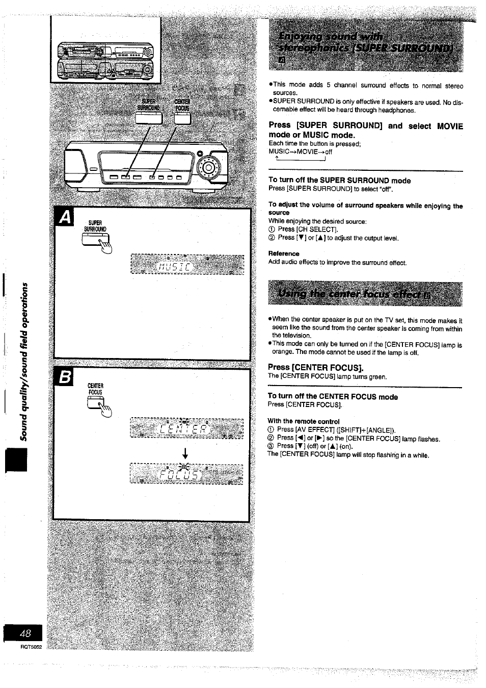 Reference, Press [center focus, With the remote control | Panasonic SC-DV150 User Manual | Page 47 / 63