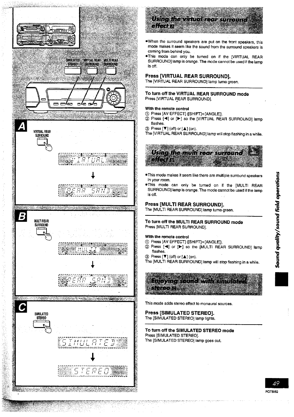 Press [virtual rear surround, To turn off the virtual rear surround mode, With the remote control | Press [multi rear surround, To turn off the multi rear surround mode, Press [simulated stereo, To turn off the simulated stereo mode | Panasonic SC-DV150 User Manual | Page 48 / 63