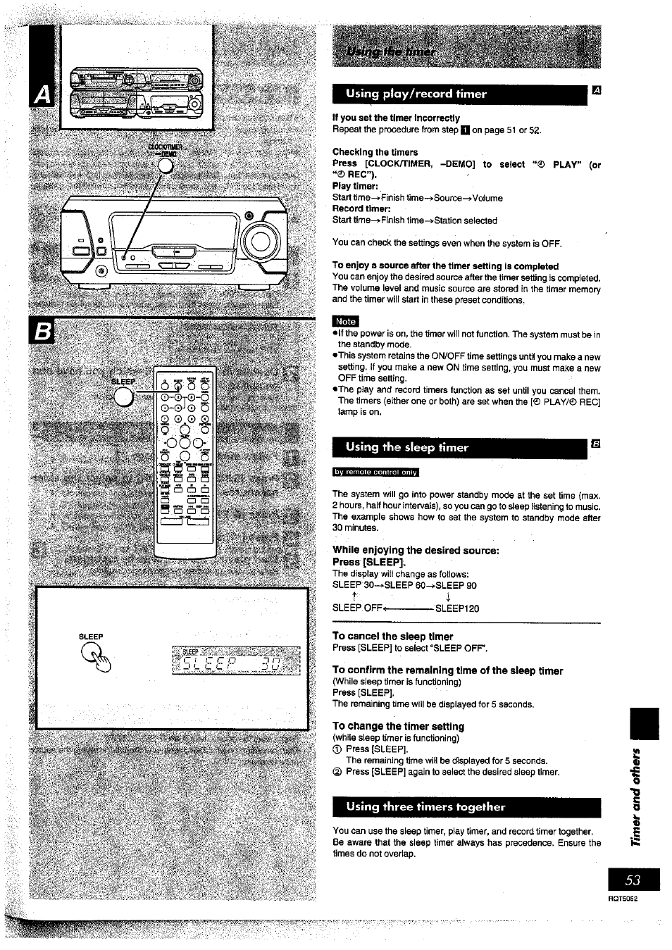 If you set the timer incorrectly, Checking the timers, While enjoying the desired source | Press [sleep, To cancel the sleep timer, To confirm the remaining time of the sleep timer, To change the timer setting, Using three timers together | Panasonic SC-DV150 User Manual | Page 52 / 63