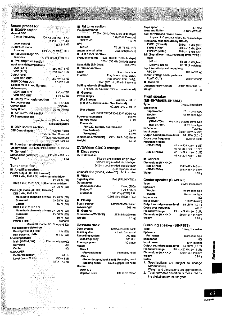 Sound processor, Tuner amplifier, Dvd/video cd/cd changer | Cassette deck, Center speaker (sb-pc75), Surround speaker (sb*ps75) | Panasonic SC-DV150 User Manual | Page 62 / 63