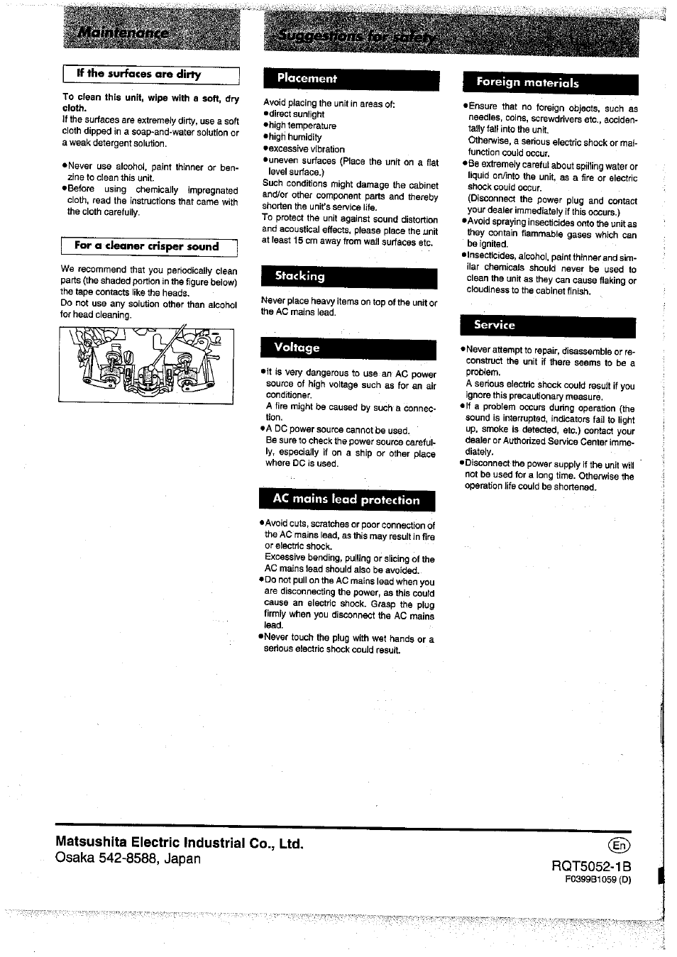 Stacking, Voltage, Ac mains lead protection | Service, Matsushita electric industrial co., ltd | Panasonic SC-DV150 User Manual | Page 63 / 63