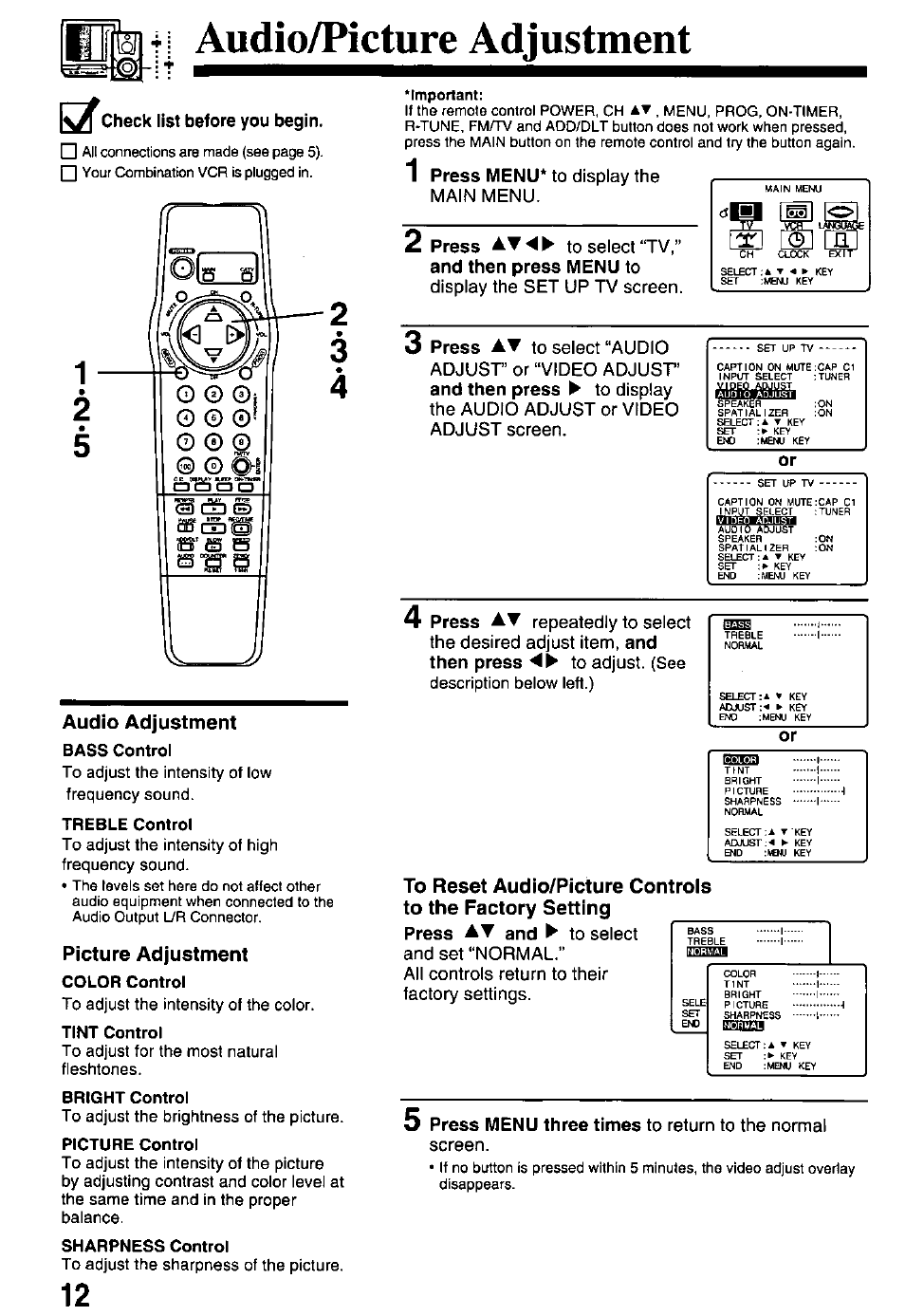 Audio/picture adjustment | Panasonic PV-M2768 User Manual | Page 12 / 36