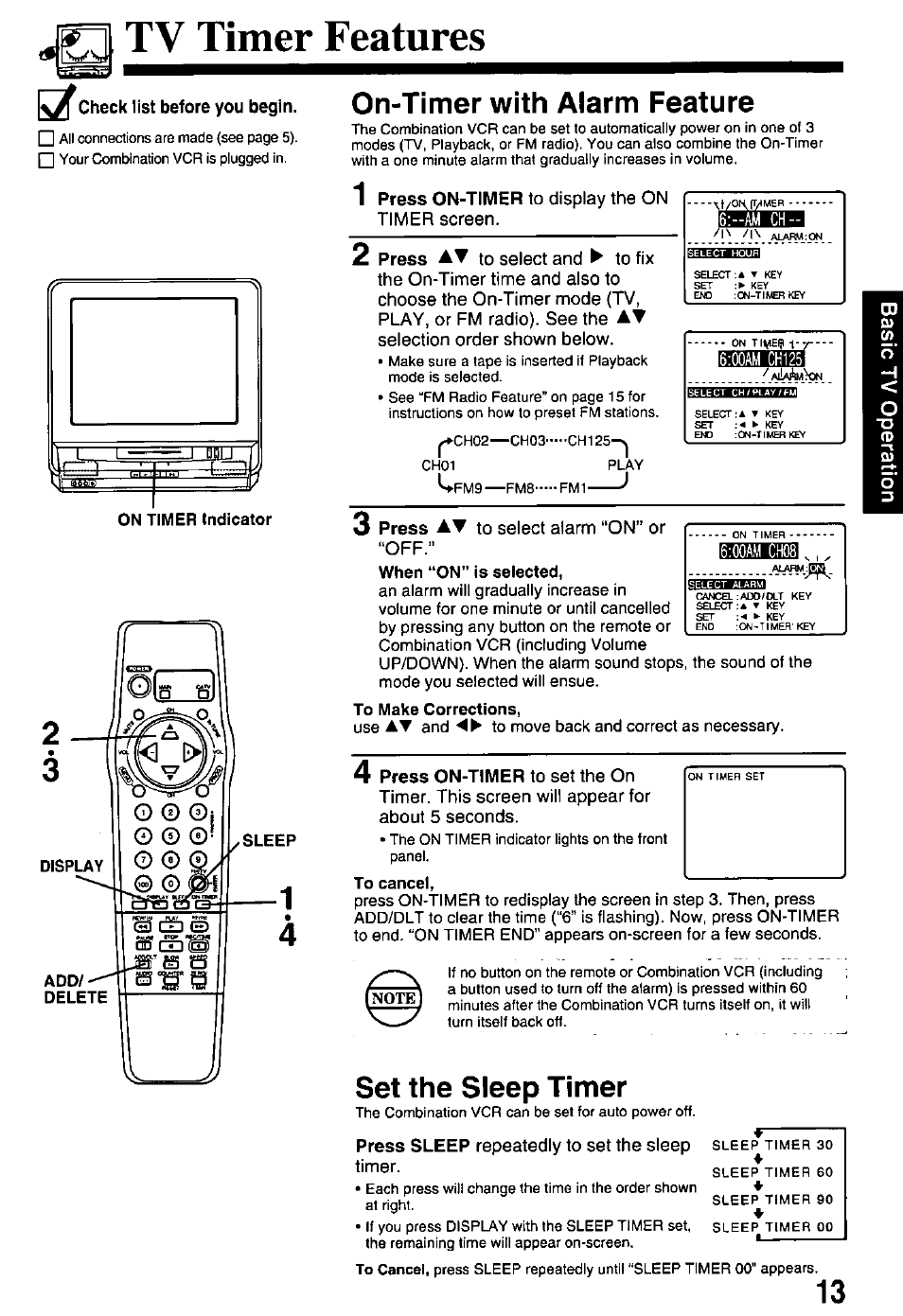 Tv timer features, On-timer with alarm feature, Set the sleep timer | Panasonic PV-M2768 User Manual | Page 13 / 36